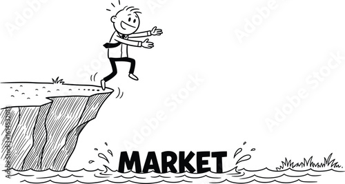Market risk cartoon illustration of man jumping off cliff into market volatility water