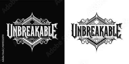 Vintage ornate typography featuring the word unbreakable with flourish design elements in black and white for t shirt design
