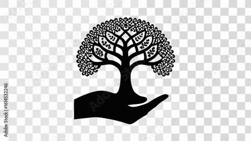 Black silhouette of a tree with leaves held in a hand representing nature and environmental conservation