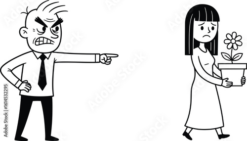 Angry boss firing employee with flower pot illustration vector black and white art