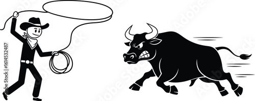 Cowboy with lasso chasing angry bull vector illustration rodeo competition design