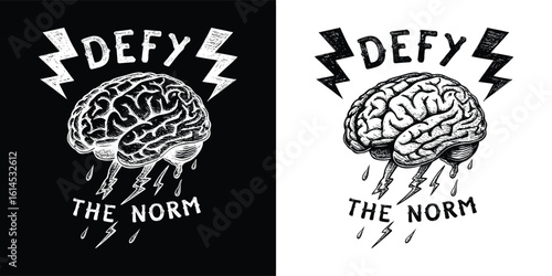 Defy the norm conceptual brain lightning artwork with bold sketch line drawing and rebellious slogan for alternative t shirt design