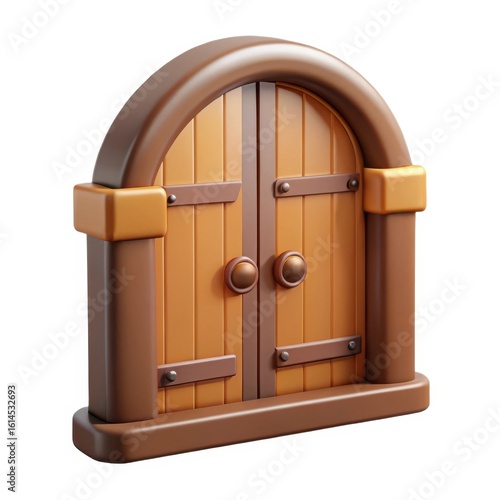 Rustic wooden arched double doors isolated on white background