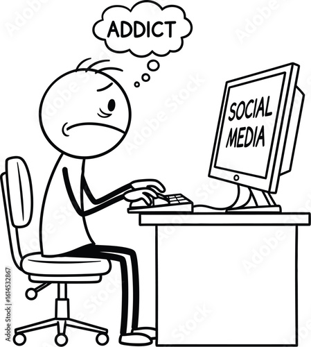Social media addiction concept illustration of stick figure addict at computer desk
