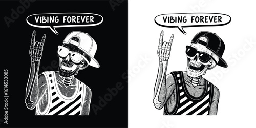 Vibing forever skeleton with sunglasses and cap making rock hand sign in striped tank top for cool retro t shirt design