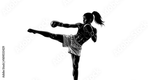 Dynamic Female Kickboxer Silhouette - Martial Arts Action Graphic