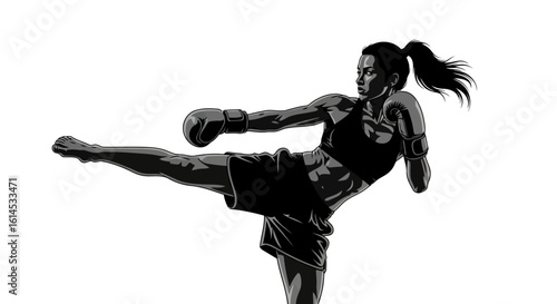 Dynamic Female Kickboxer Profile - Martial Arts Side Kick Graphic