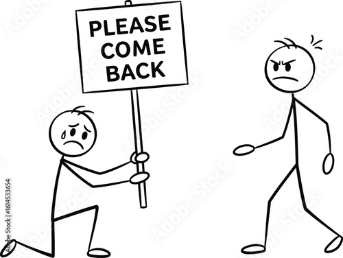 Stick figure begging please come back concept of relationship breakup and forgiveness