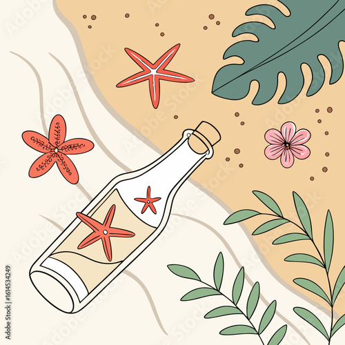 “Vector sea composition: glass bottle with message, sea stars, coral and tropical flowers around”

