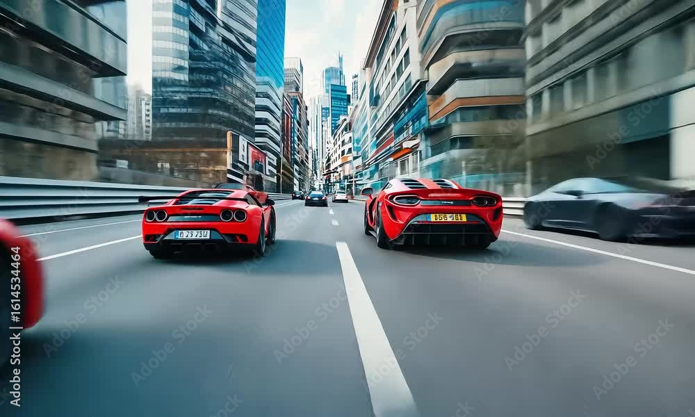 Two red sports cars in motion on city street Two red sports cars in motion on city street