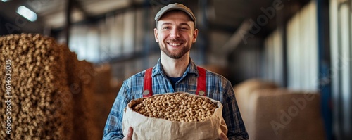 Man holding a bag of wood pellets, made from wood waste in an industrial pellet line, promoting sustainability through the reuse of wooden industrial by-products, Generative AI