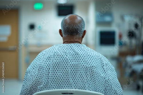 Rear view of an overweight patient in a hospital gown awaiting a medical examination, feeling anxious and experiencing dizziness and pain, highlighting healthcare challenges, Generative AI