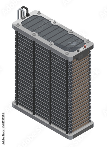 Isometric illustration of a PEM fuel cell stack with layered membrane components and metallic bolts used in clean energy systems and hydrogen power generation