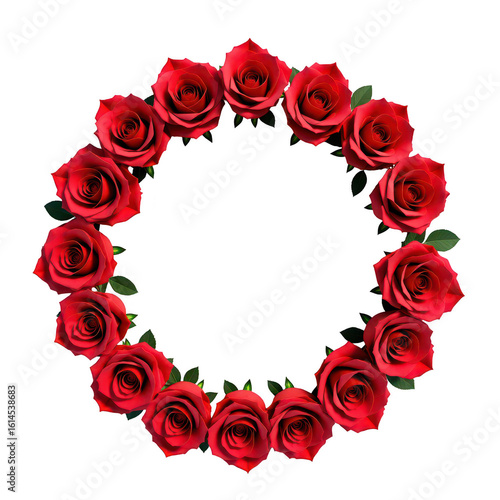 Red roses arranged in a circular frame against a black background.