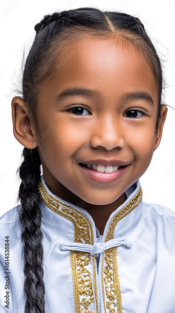 Joyful Asian Girl Smiling in Traditional Outfit with Braided Hair, Isolated on White Background Joyful Asian Girl Smiling in Traditional Outfit with Braided Hair, Isolated on White Background
