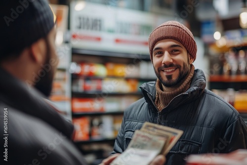 Employee accepting a cash payment from a customer at a gas station, showcasing everyday interactions in a service-oriented business environment, Generative AI