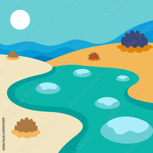 Stylized landscape with teal water and desert plants