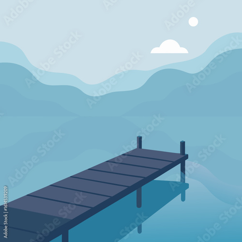 Serene lakeside dock with misty mountains and a single cloud