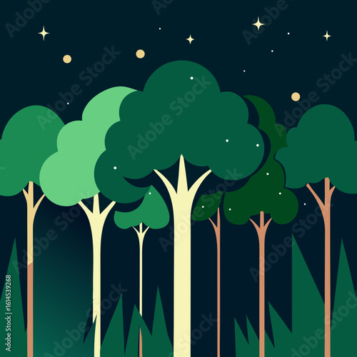 Stylized forest scene under a starry night sky