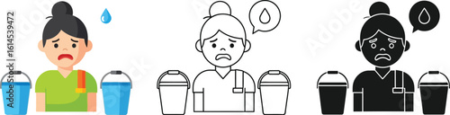 Troubled cleaning lady with leaky roof issue vector illustration set for design and creative projects editable
