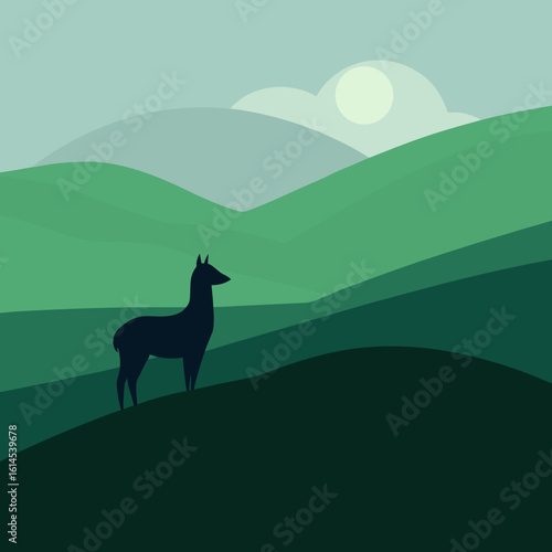 Silhouette of a llama standing on a grassy hill with rolling green mountains in the background