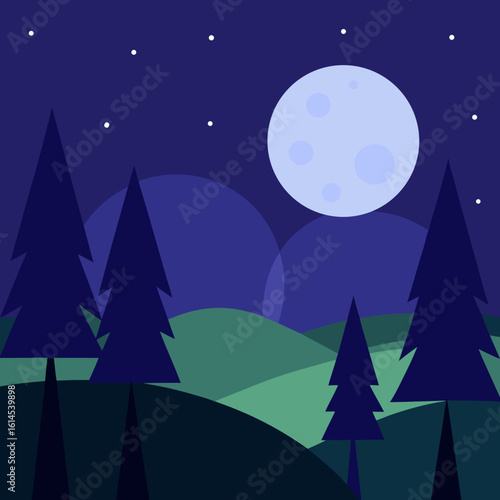 Stylized night landscape with full moon and pine trees