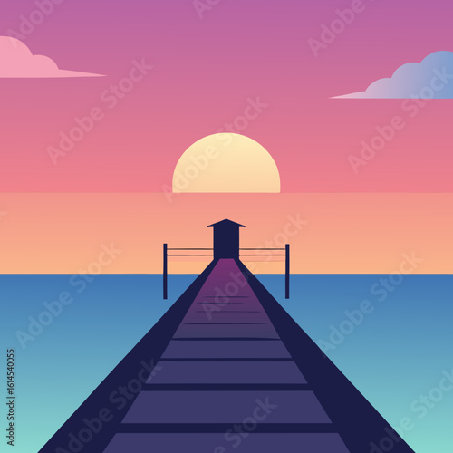 Serene sunset over the ocean with a pier and lifeguard stand