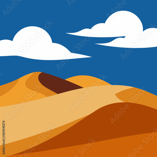 Stylized desert landscape with rolling sand dunes and clouds