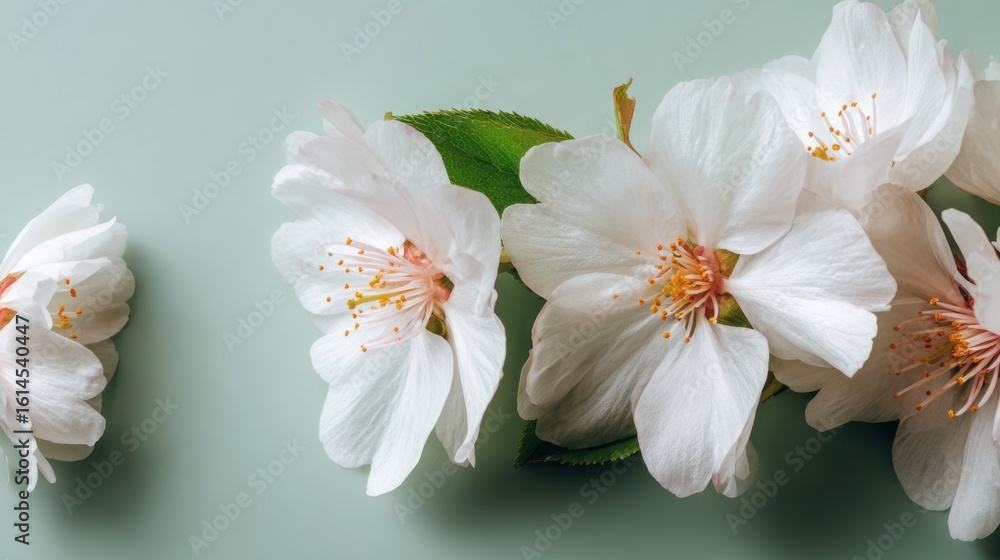 Delicate white blossoms on a pale mint background. Delicate white blossoms on a pale mint background.