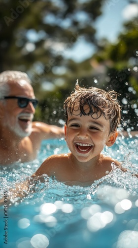 Grandfather and grandson having fun together while playing in a swimming pool in the backyard, enjoying quality time and creating lasting memories, Generative AI