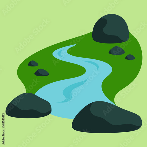 Stylized river flowing through green landscape with rocks
