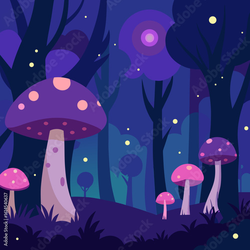 Enchanted forest with glowing mushrooms and fireflies at night