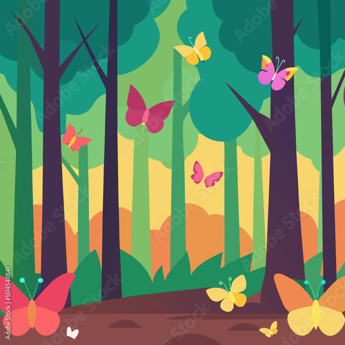 Colorful butterflies flutter through a stylized forest scene