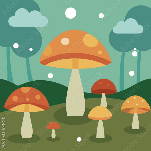 Whimsical forest scene with stylized mushrooms and clouds