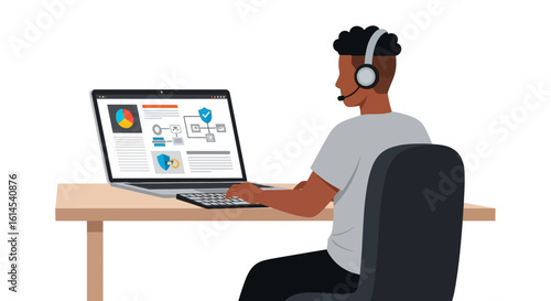 Customer support concept. Male agent wearing headset provides online assistance while working at computer desk. Vector illustration.