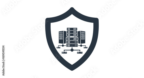Cybersecurity concept. Server infrastructure protected with shield symbol, data center security and system protection. Vector illustration.