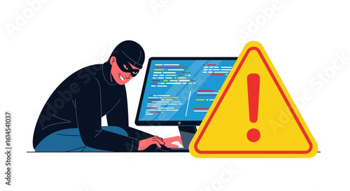 Cybersecurity risk concept. Hacker accessing computer systems with warning sign for data breach or malicious activity. Vector illustration.