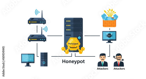 Honeypot cybersecurity concept. Network diagram showing servers, attackers, routers, and security systems to illustrate data protection and threat detection. Vector illustration.