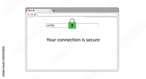 Secure connection concept. Web browser interface with HTTPS and padlock icon indicating encrypted communication. Vector illustration.