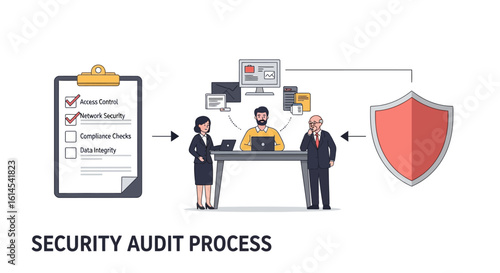 Security audit process set. Illustration depicting compliance checks, access control, network security, and data integrity assessment with professionals and shield icon. Vector illustration.