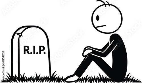 Sad stick figure at grave rest in peace illustration grief and loss concept design vector image art 96 editable