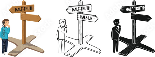 Decision making dilemma concept with half truth and half lie signpost for business strategy choice editable