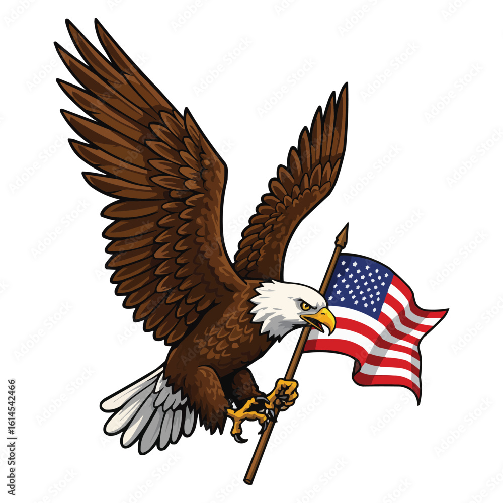 Fototapeta premium Bald Eagle Soaring with American Flag