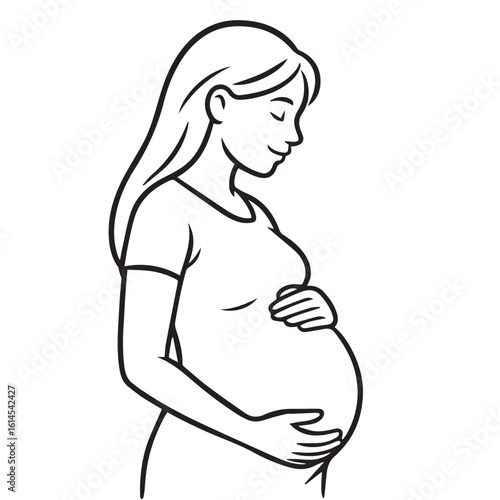 Minimalist vector artwork in black and white featuring a pregnant woman, outlined in black, reflecting love, care, inner peace, and the journey of pregnancy.

