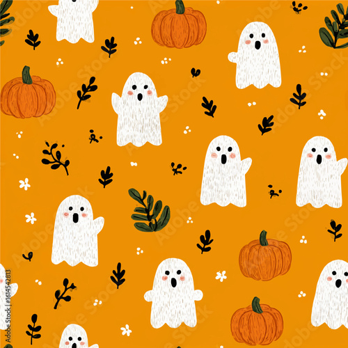 seamless pattern with ghosts and pumpkins, Halloween illustration. suitable for fabric, paper, открытки,