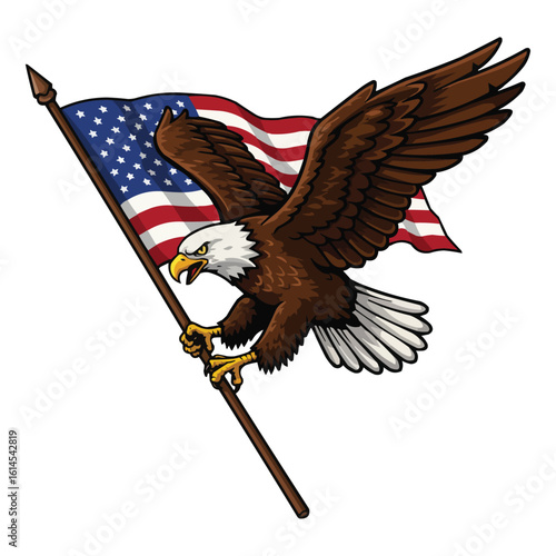 American Bald Eagle Soaring with US Flag