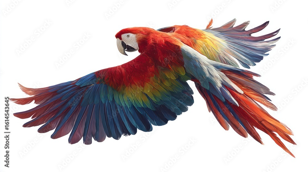 Fototapeta premium Side view of a colorful scarlet macaw spreading its wings mid-motion, feathers in dynamic pose, isolated on white background, ideal for branding, eco-tourism, or travel ads