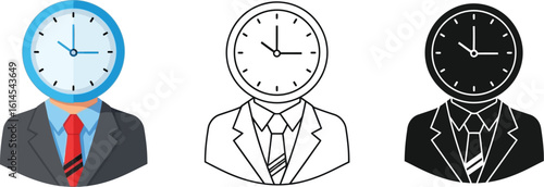 Time management concept vector illustration, business man with clock head, deadline and schedule icon editable