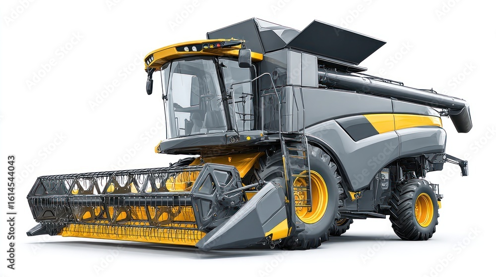 Obraz premium High-tech farming combine in industrial gray and yellow, strong front blade and modern cabin visible, positioned slightly angled, isolated on clean white background with ample copy space