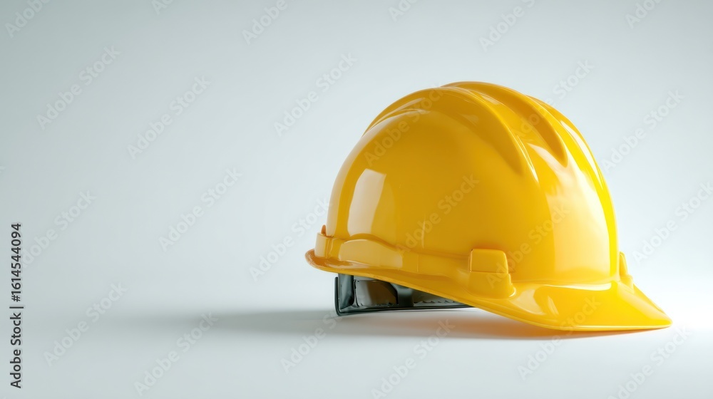 Fototapeta premium Minimalist setup of hard hat with high-gloss texture, placed diagonally with clean lines, copy space on right side, isolated on white background for training or corporate safety content